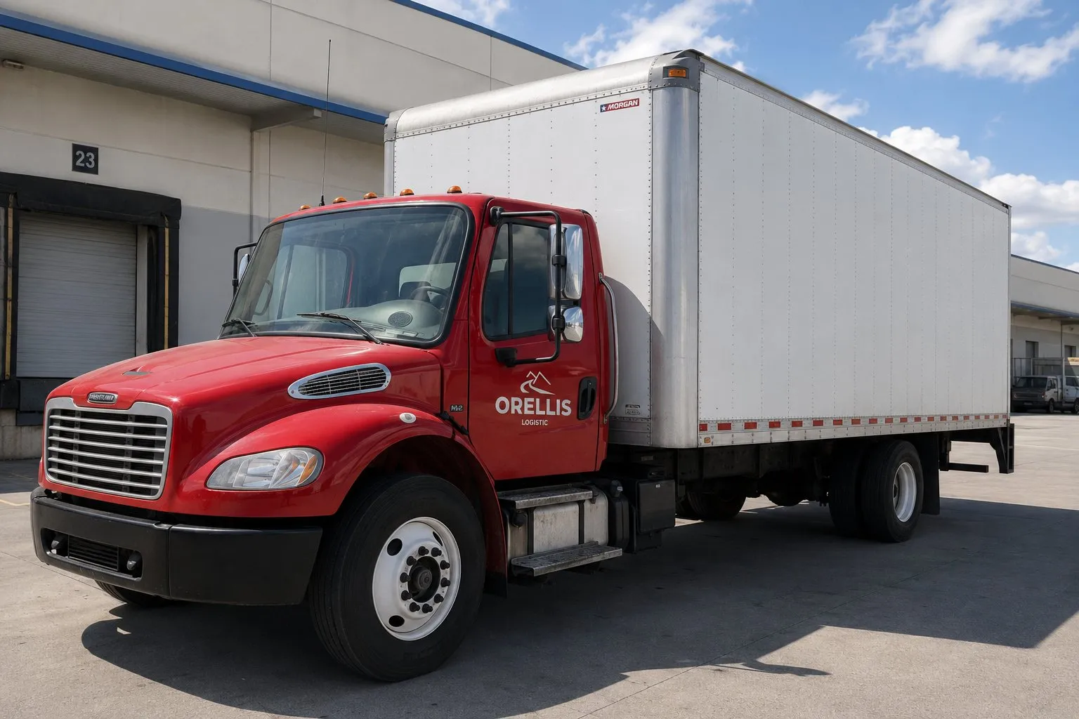 Rabón Freightliner M2 de Orellis con caja seca en andén de carga