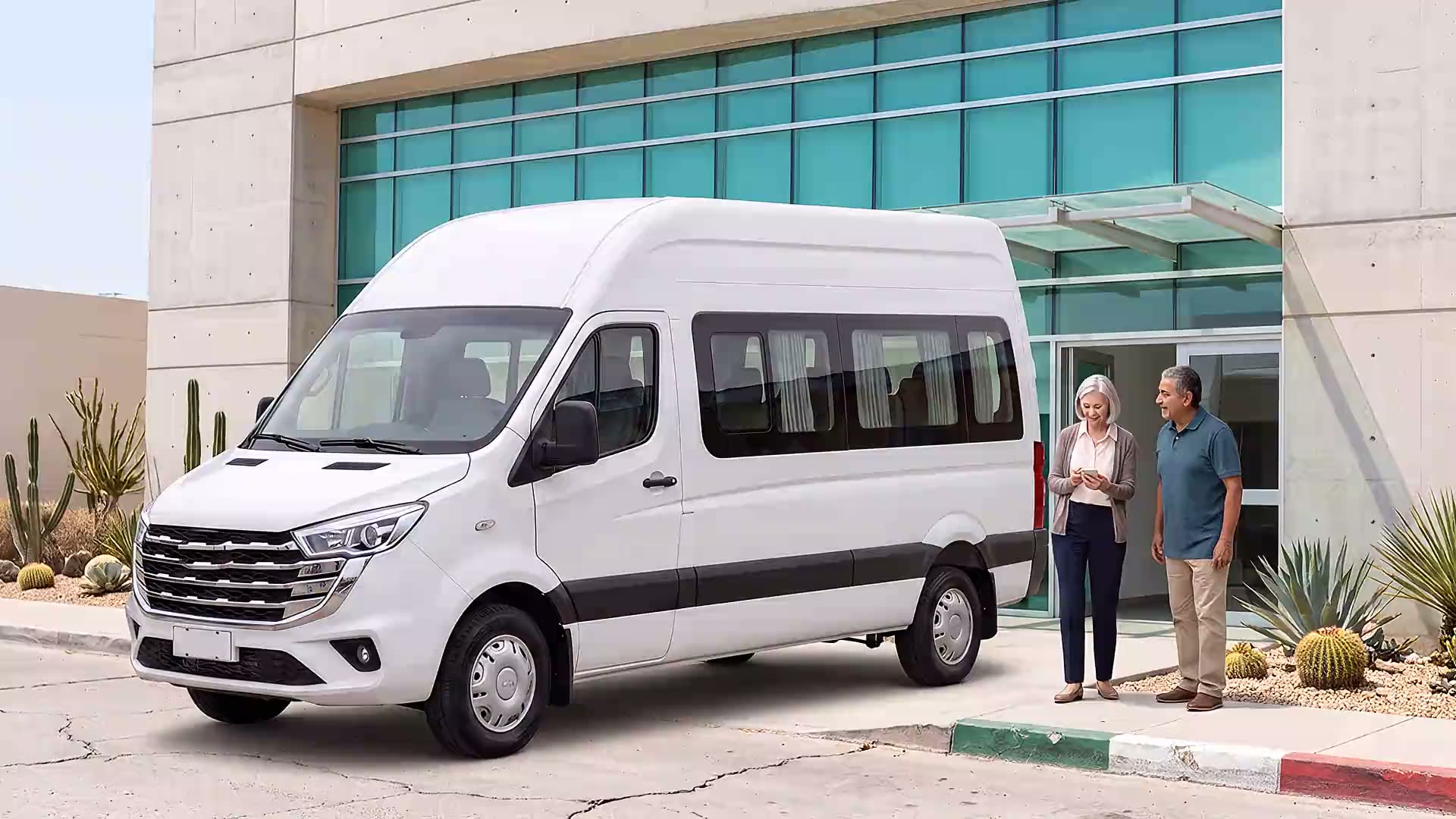 A couple beside a JAC Sunray at a clinic entrance in Zona Río, Tijuana.