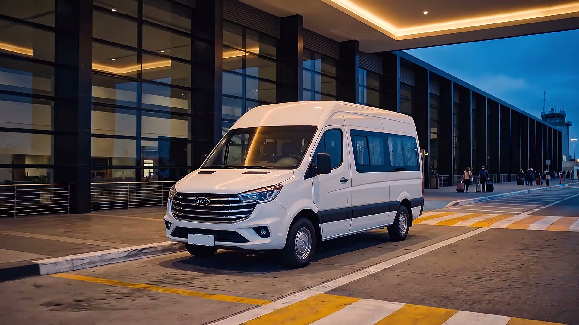White JAC Sunray van in an airport passenger pickup area in Tijuana at dusk.
